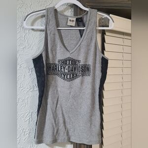 Harley-Davidson womens gray ribbed V-neck tank top features black lace side trim